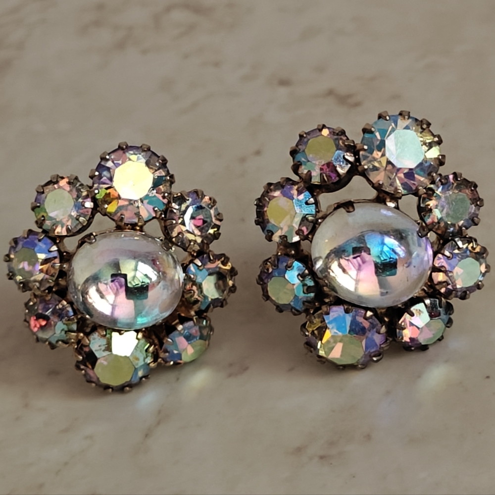 Vintage Signed Continental Iridescent Cabochon & Champagne Crystals Earrings